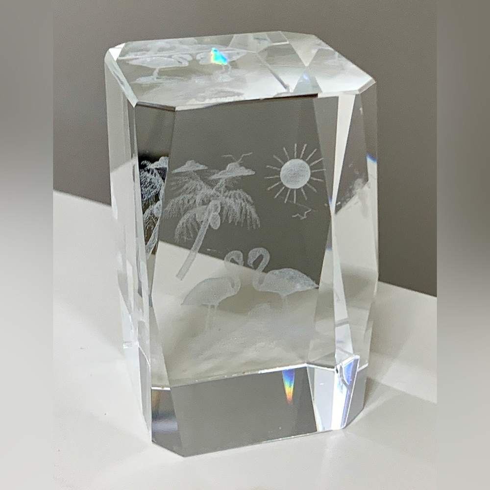 Solid Lead Crystal Laser Etched 3D Holographic Tropical Beach Scene Paperweight